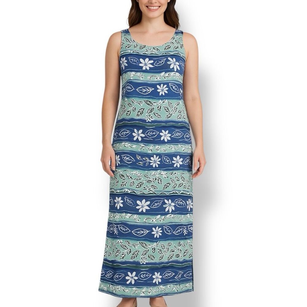 Vintage 90s Maxi Dress Green Blue White Striped Pattern Floral Leaf Print Small